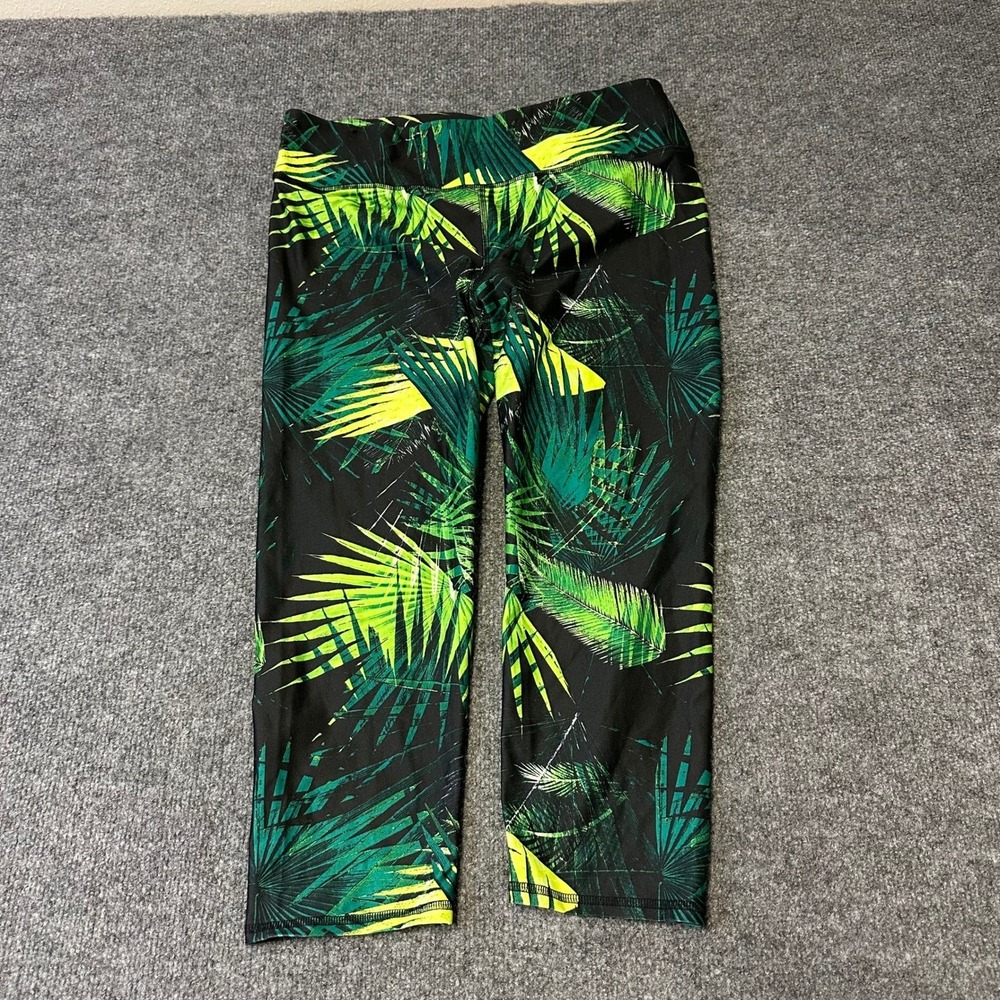 Fabletics Leggings Womens Size M Black Green Tropical Palm Leaf Cropped Athletic